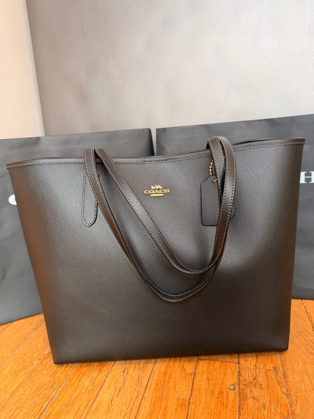 Coach Pebbled Leather Tote in Black with Gold Logo